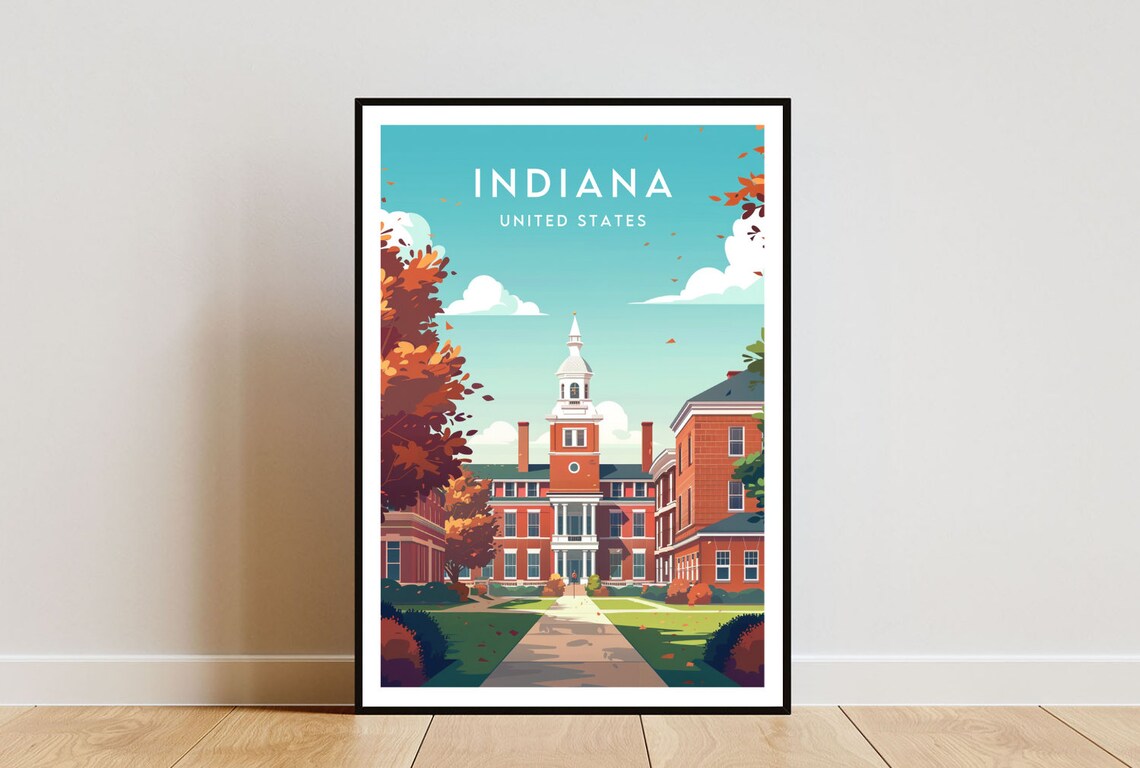 Indiana United States Red Brick Colonial Hall Autumn Travel Poster