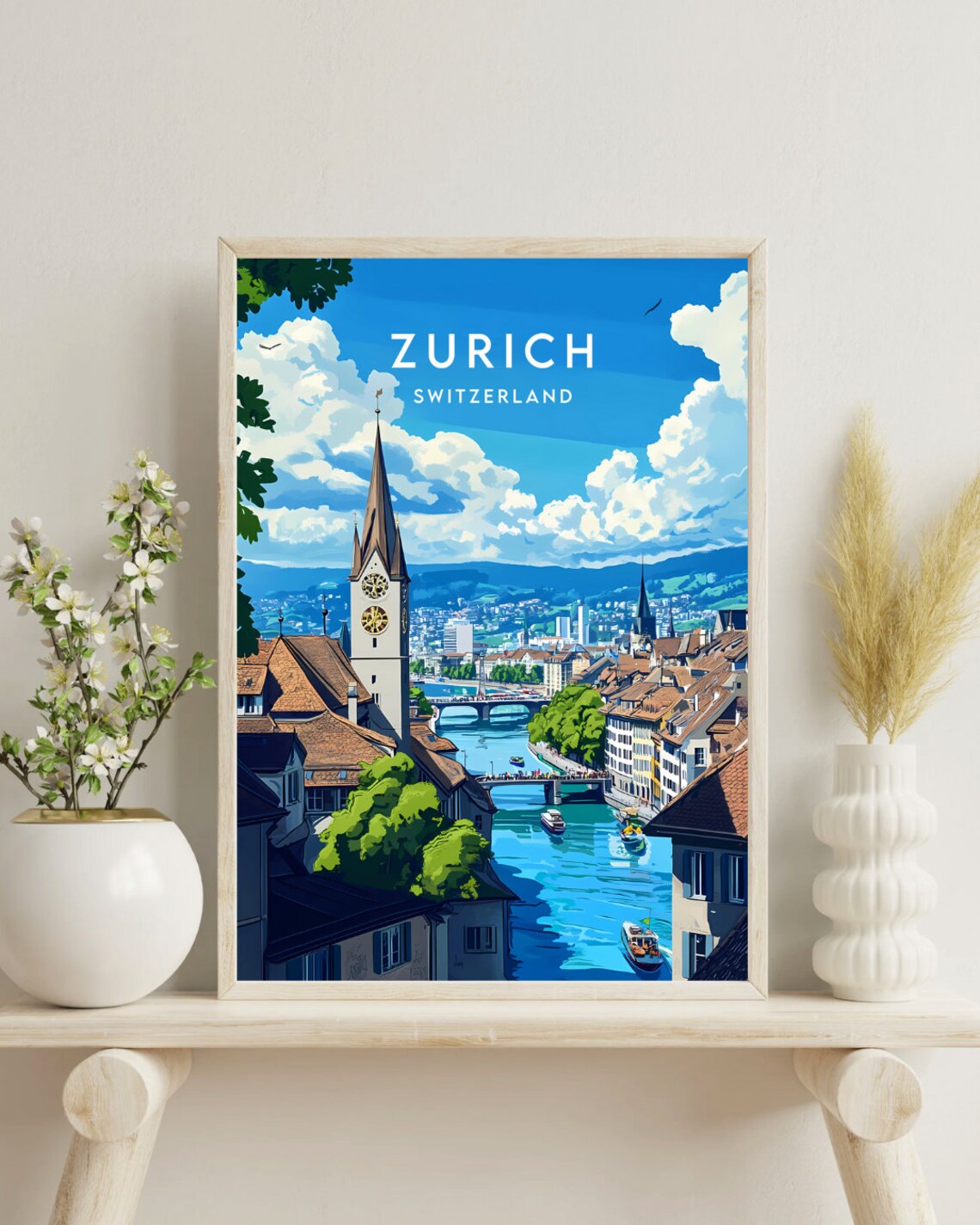 Zurich Switzerland Church Tower River City Scenic Travel Poster - Image 4