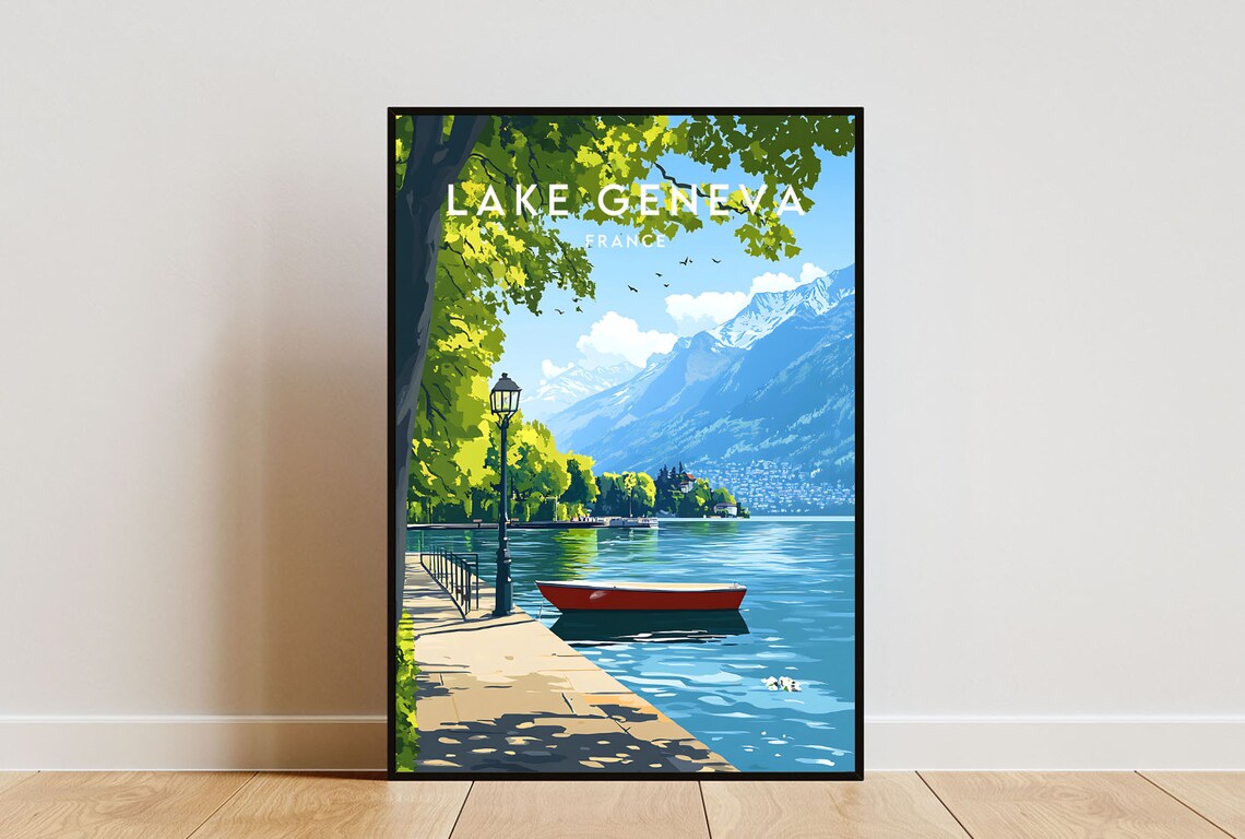 Lake Geneva France Lakeside Promenade Red Boat Mountains Travel Poster
