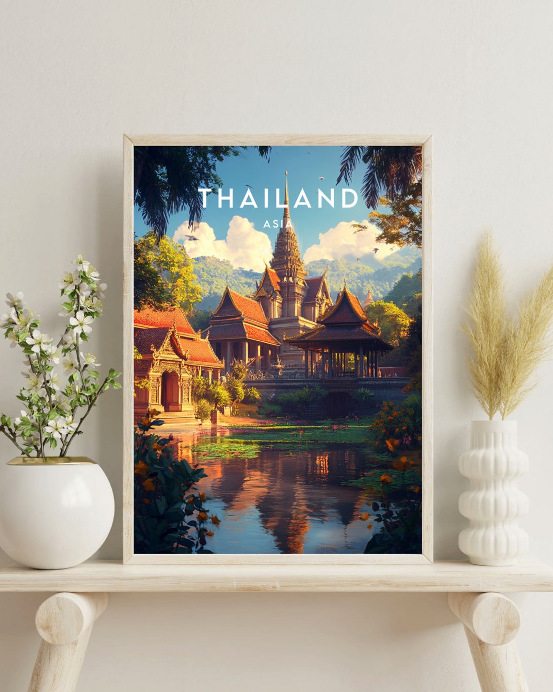 Thailand Asia Golden Temple Sunset Lotus Lake Tropical Poster - Image 4