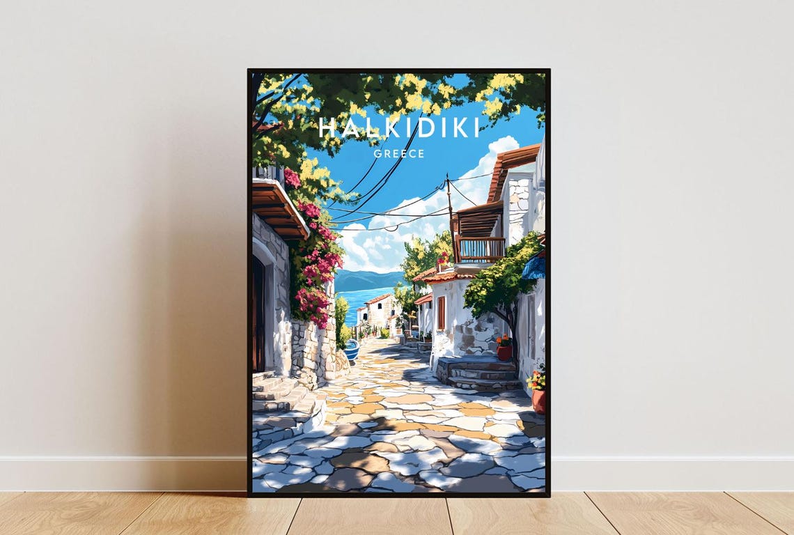 Halkidiki Greece Flower Lined Village Lane Coastal Travel Poster
