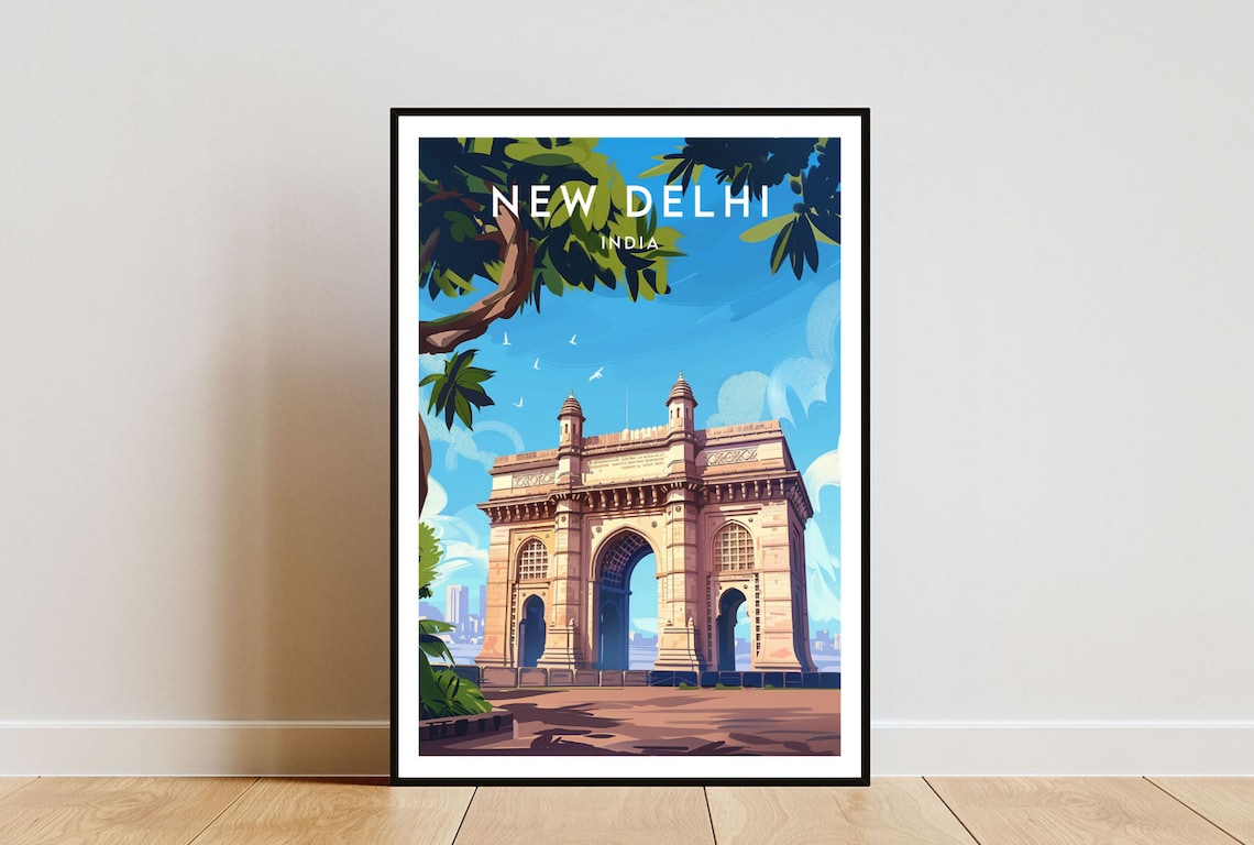 New Delhi India Grand Stone Arch Monument Vintage Travel Art Poster