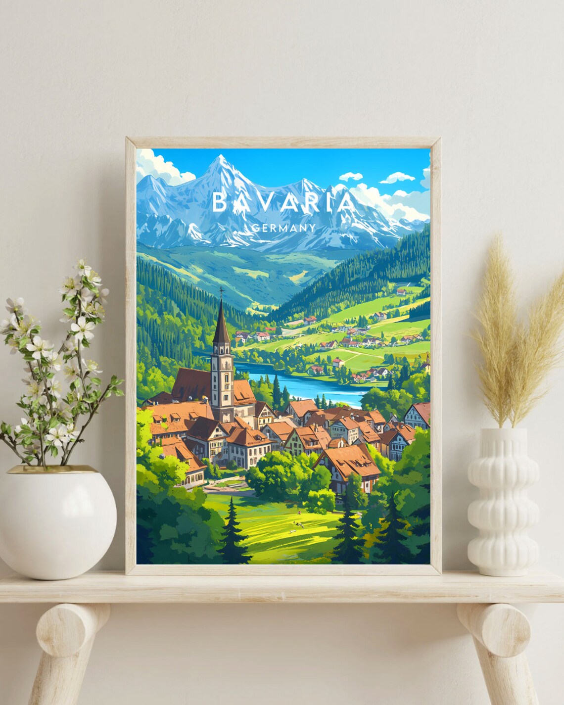 Bavaria Germany Alpine Village Lake Church Snowy Peaks Travel Poster - Image 4