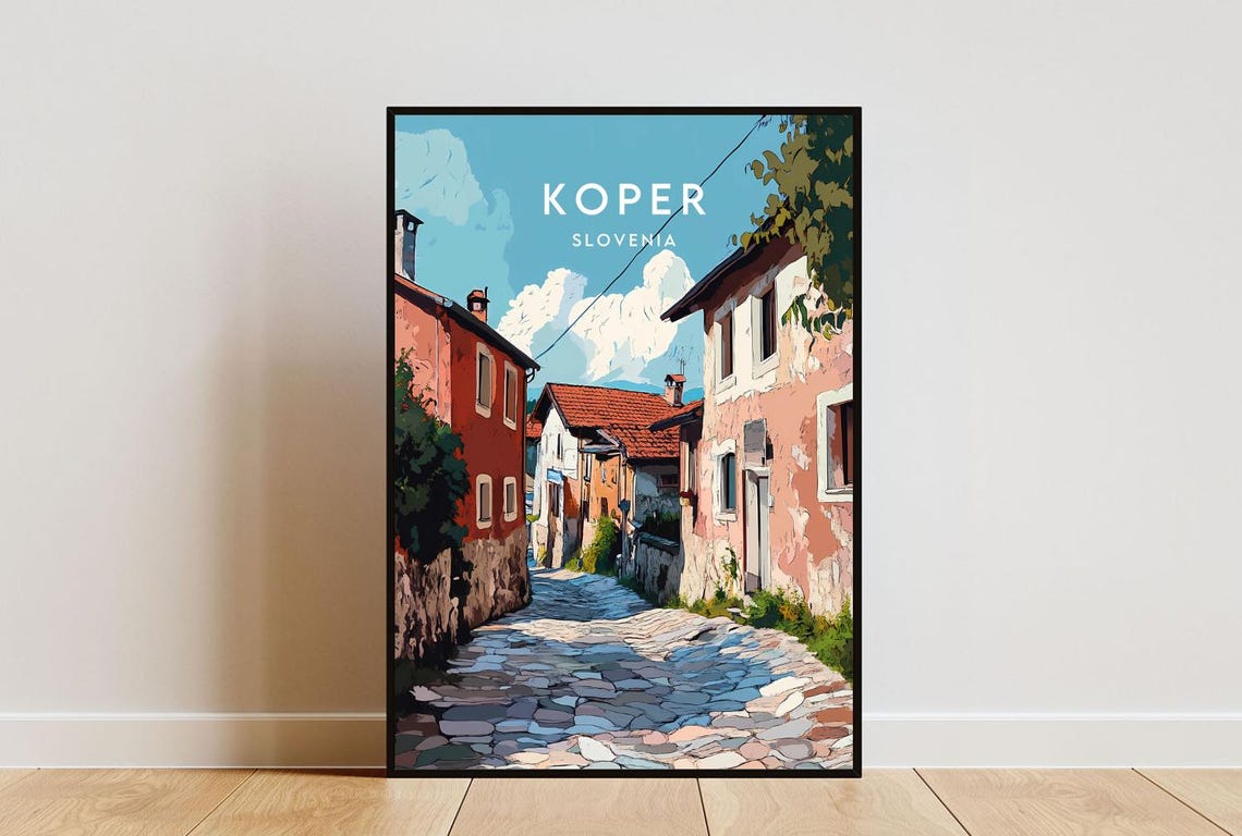 Koper Slovenia Charming Old Stone Alley Pastel Houses Travel Poster