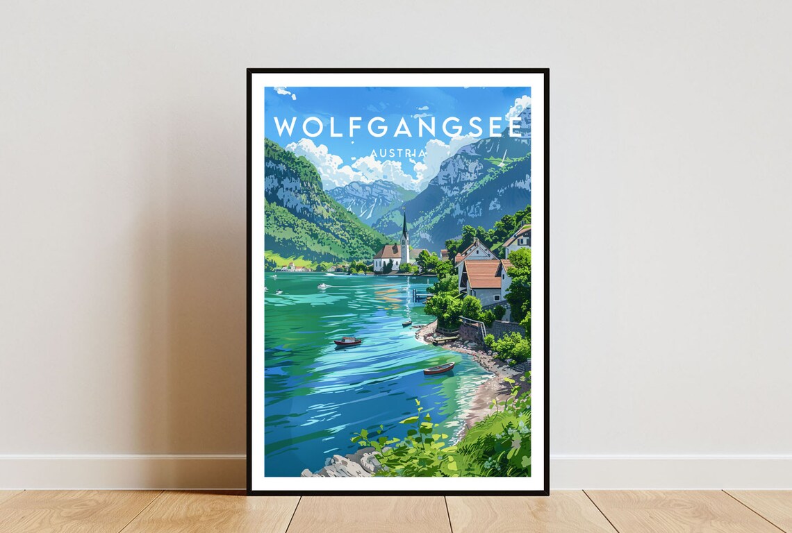 Wolfgangsee Austria Alpine Lake Village Church Boats Travel Poster