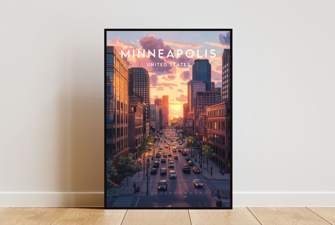 Minneapolis United States Sunset Downtown Street Sky Art Poster