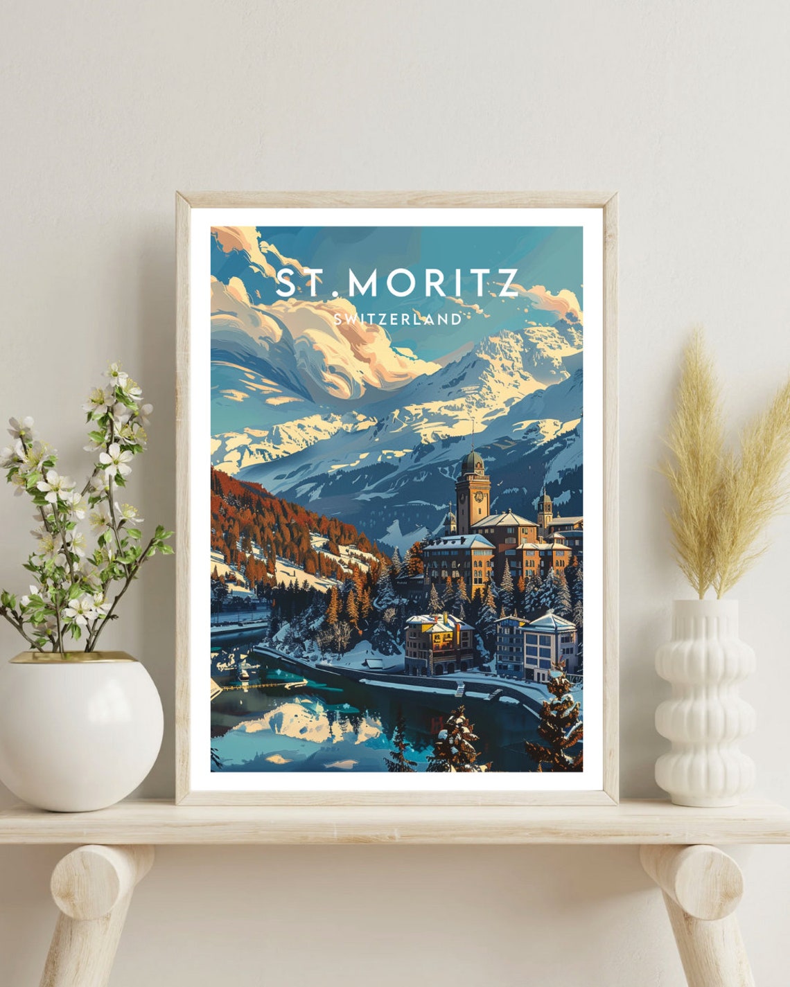 St. Moritz Switzerland Alpine Village Snowy Peaks Travel Poster - Image 4