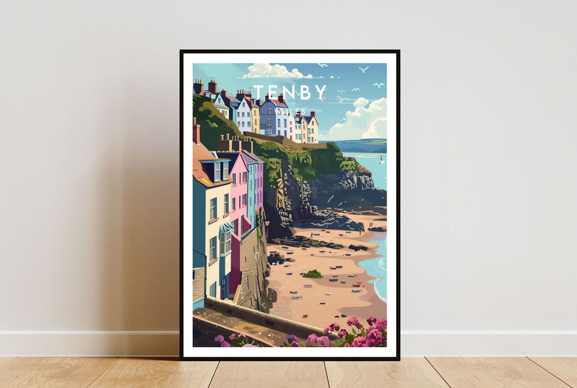 Tenby Wales Colorful Harbor Town Beach Cliffs Seaside Poster