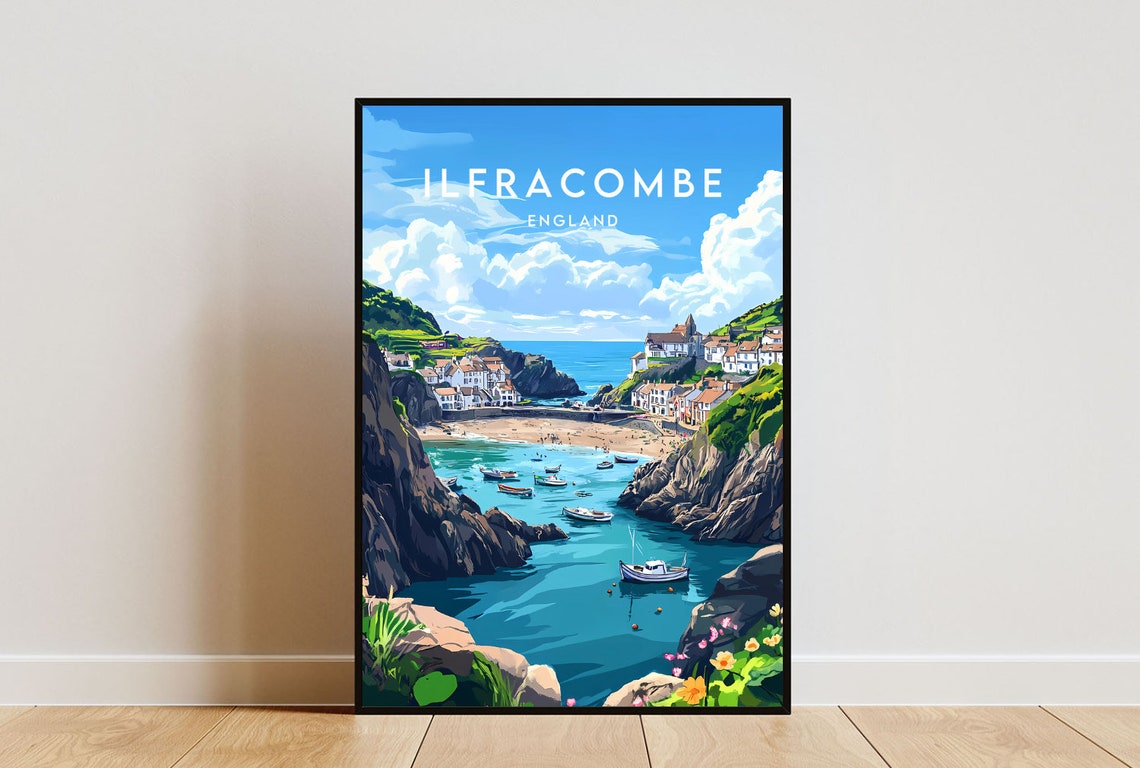 Ilfracombe England Coastal Harbor Cliffs Vintage Travel Poster