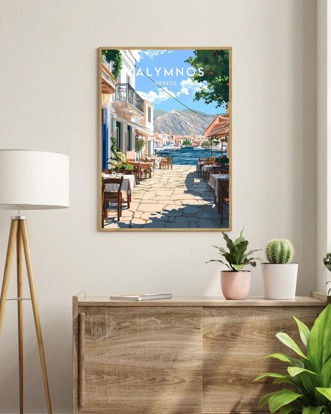 Kalymnos Greece Waterfront Taverna Harbor Mountain Travel Poster - Image 3