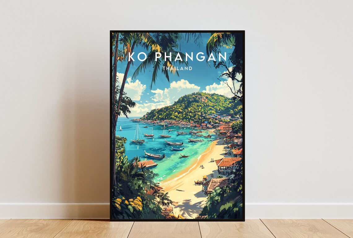 Ko Phangan Thailand Beach Fishing Village Boats Vintage Travel Poster