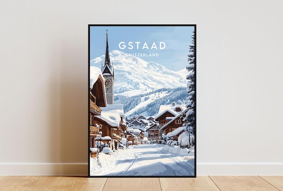 Gstaad Travel Poster, Switzerland Skiing Landscape