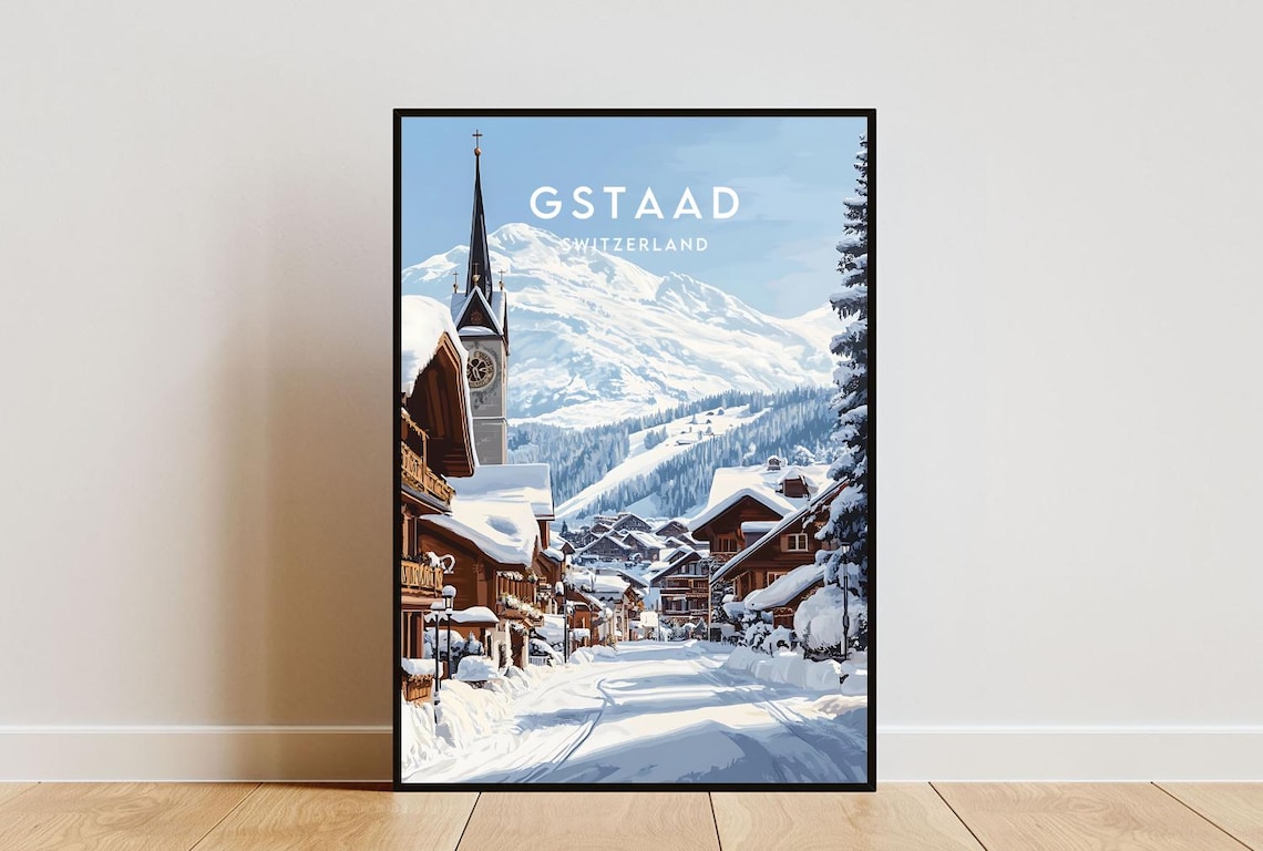Gstaad Travel Poster, Switzerland Skiing Landscape