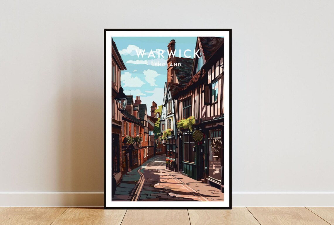 Warwick England Tudor Half Timbered Old Street Travel Poster