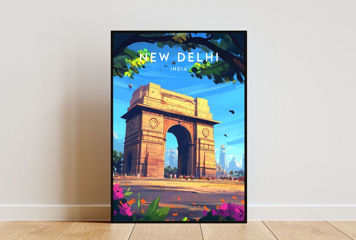New Delhi India Gate Arch Monument Landmark Floral Travel Poster