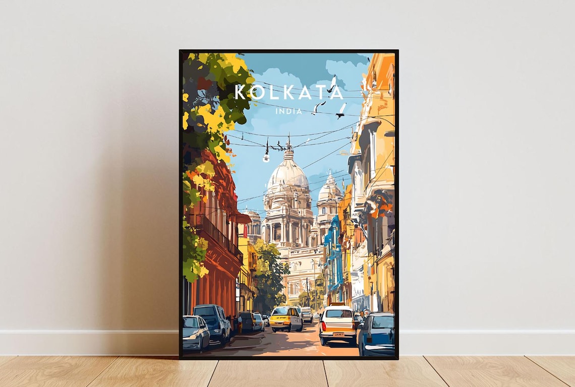 Kolkata India Busy Street Yellow Taxis Domed Building Travel Poster