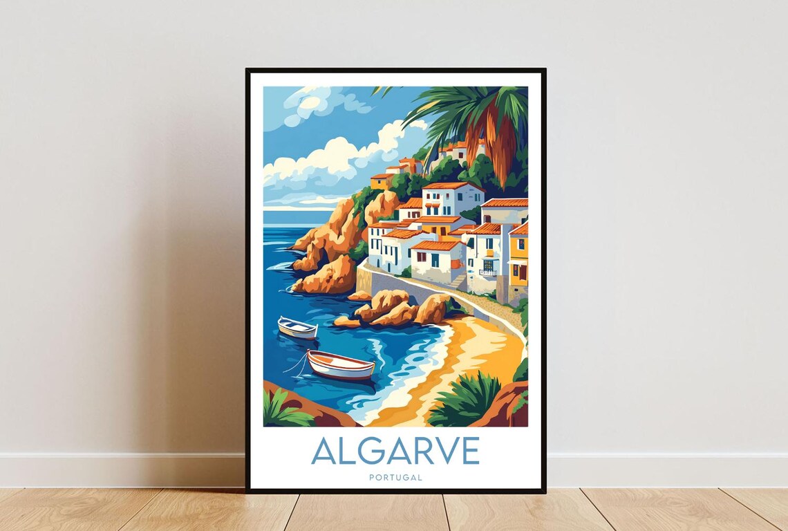 Algarve Portugal Coastal Cliffs Fishing Boats Beach Travel Poster