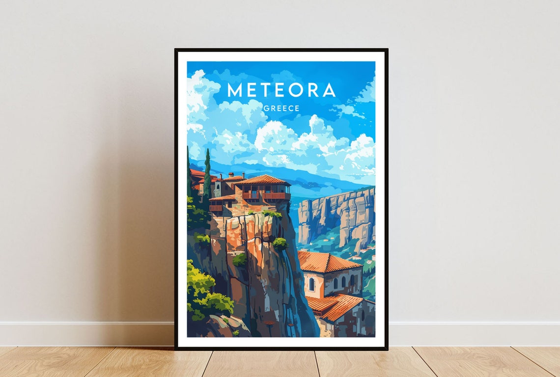 Meteora Greece Monastery Cliff Rock Pillar Scenic Travel Poster