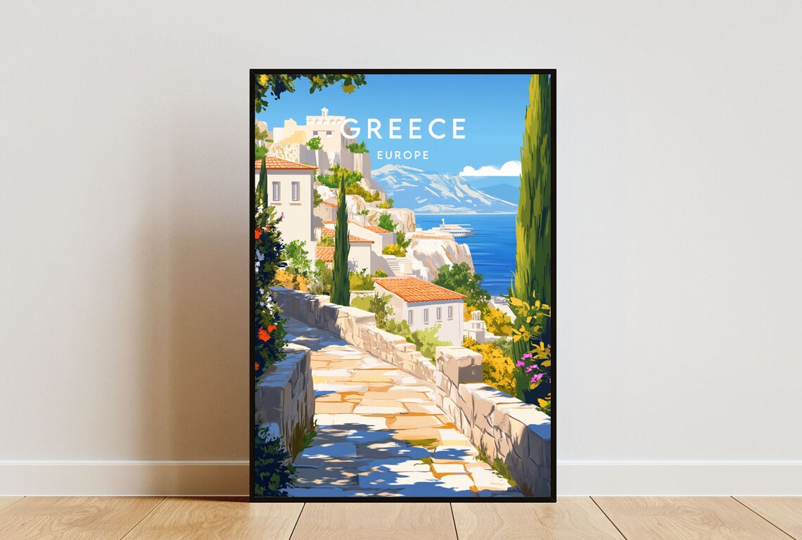 Greece Europe Coastal Hillside Village Sunny Blue Seaside Poster