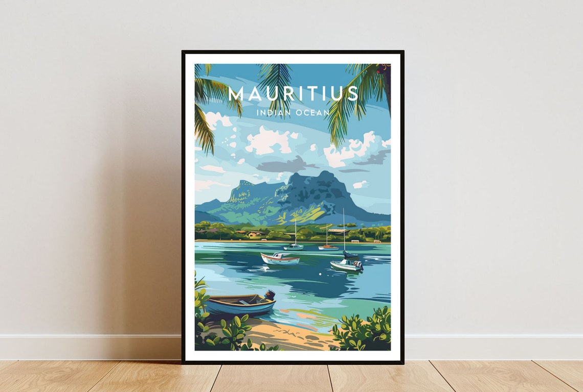 Mauritius Indian Ocean Tropical Beach Boats Mountain Travel Poster