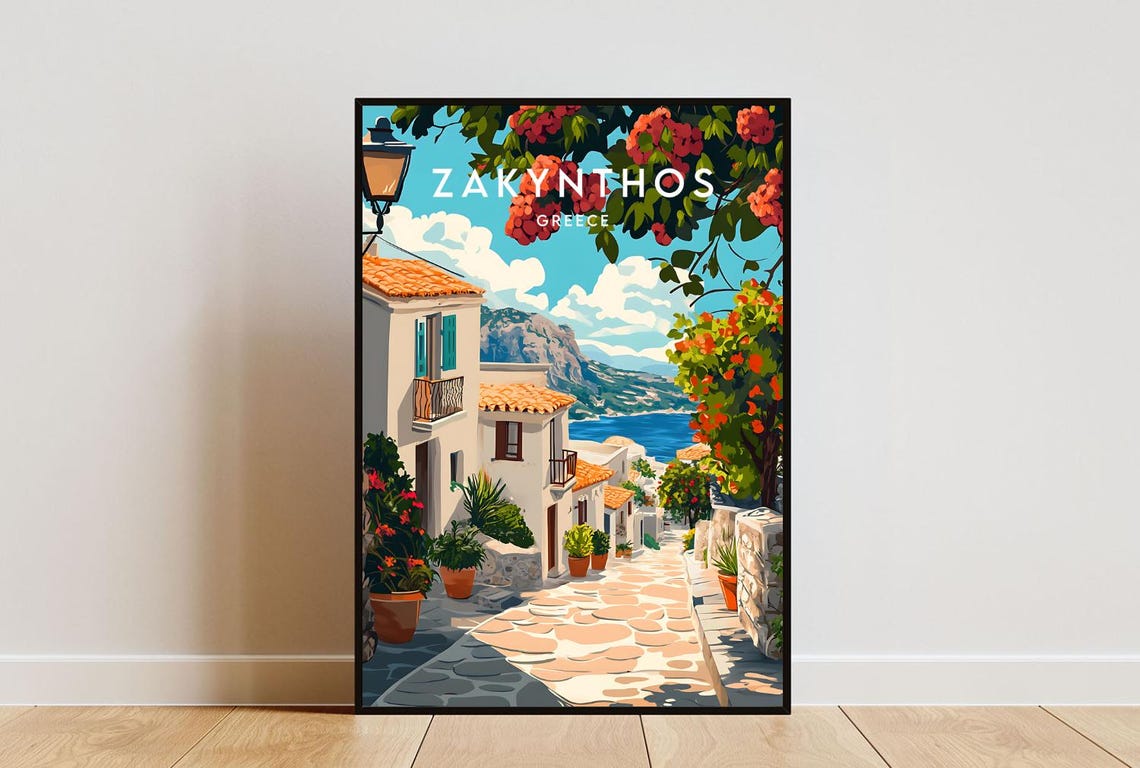 Zakynthos Greece Bougainvillea Alley Overlooking Bay Travel Poster