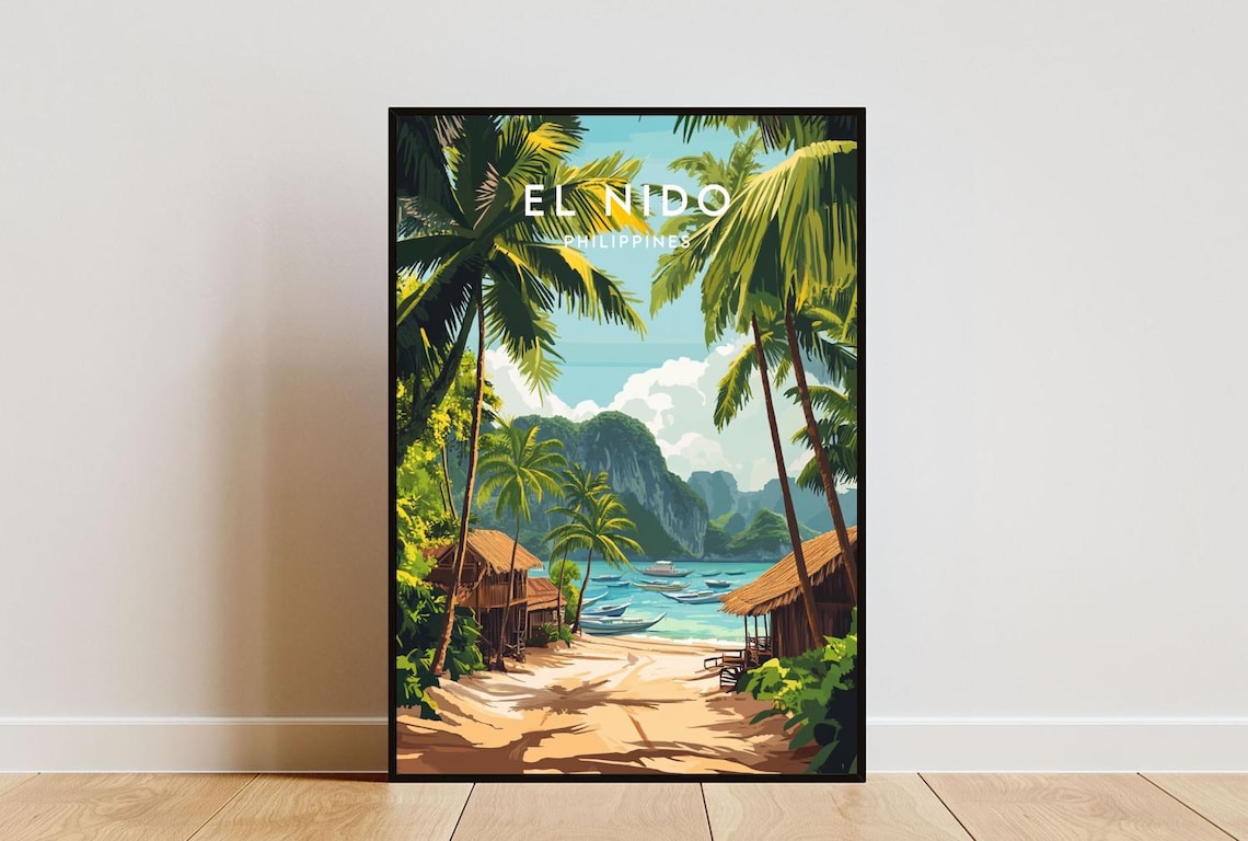 El Nido Philippines Tropical Beach Palms Cliffs Travel Poster