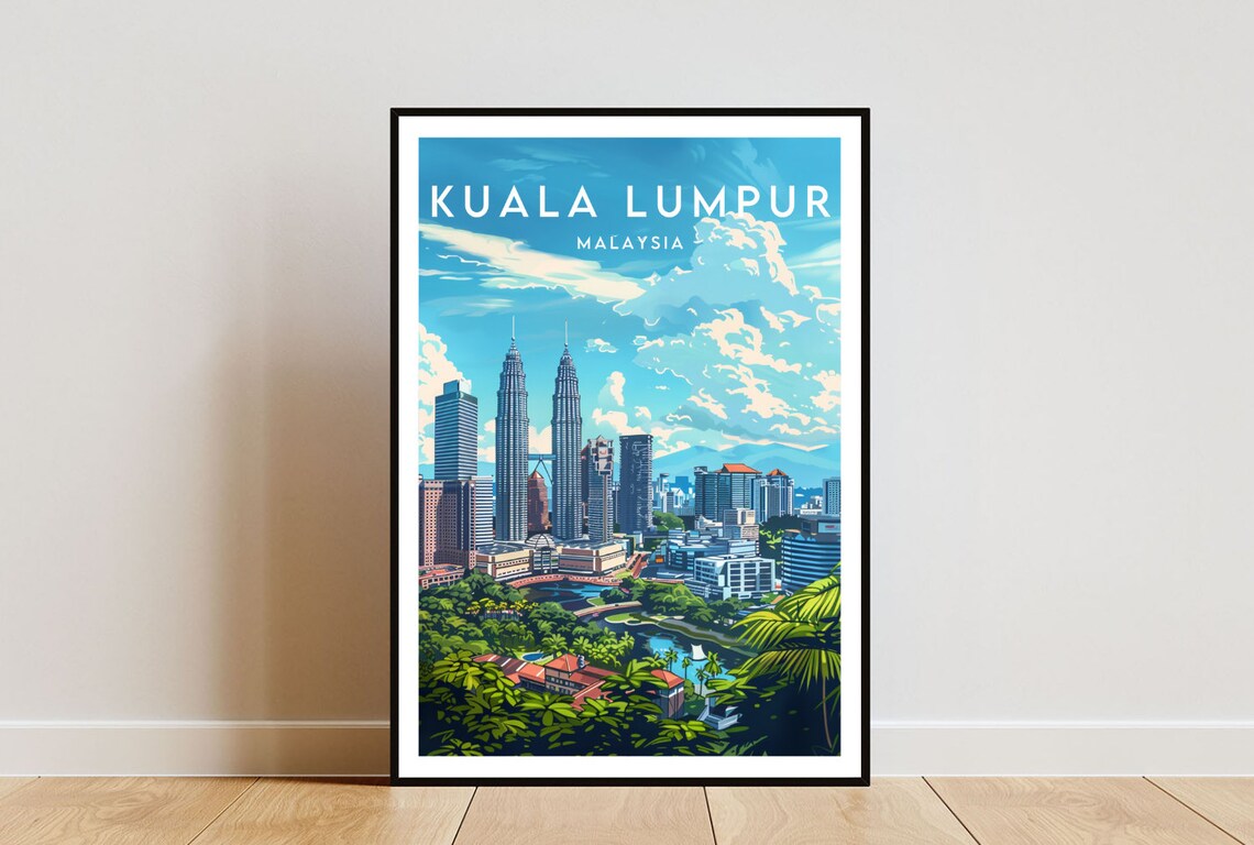 Kuala Lumpur Malaysia Petronas Towers Skyline Lake Travel Poster