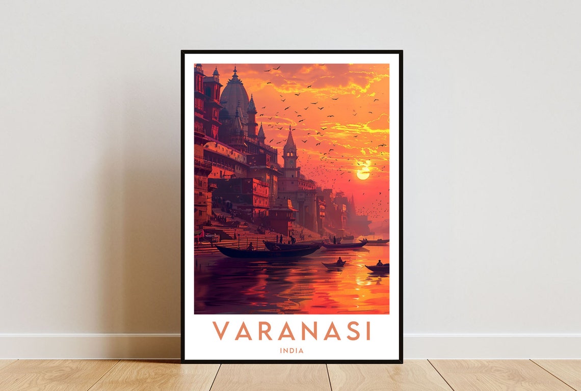 Varanasi India Ganges River Ghats Sunset Boats Travel Poster