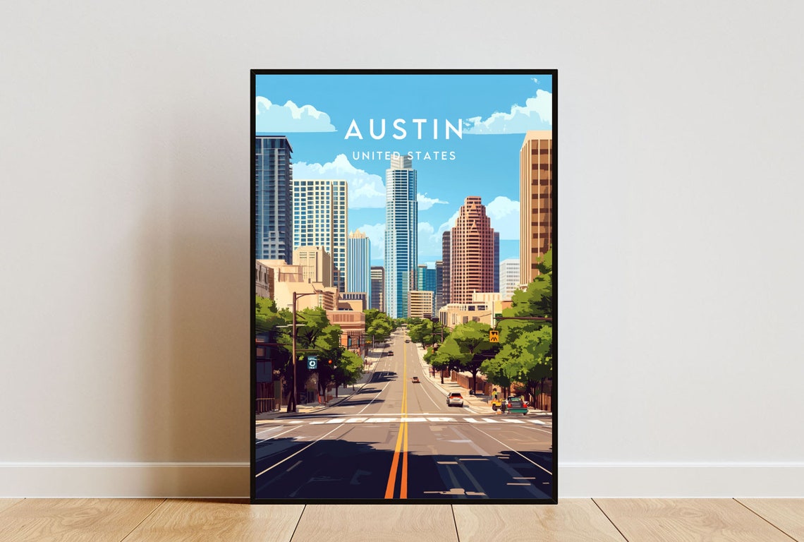 Austin Texas Blue Sky Downtown Skyline Tree Lined Street Poster
