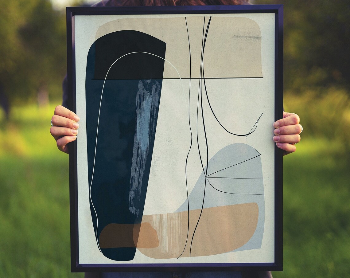 Abstract Line Art Navy Tan Minimalist Mid Century Style Poster
