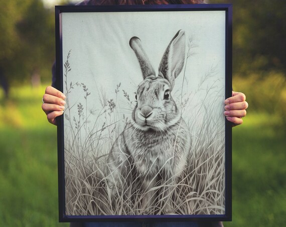 Hare Portrait in Meadow Grass Realistic Graphite Sketch Poster