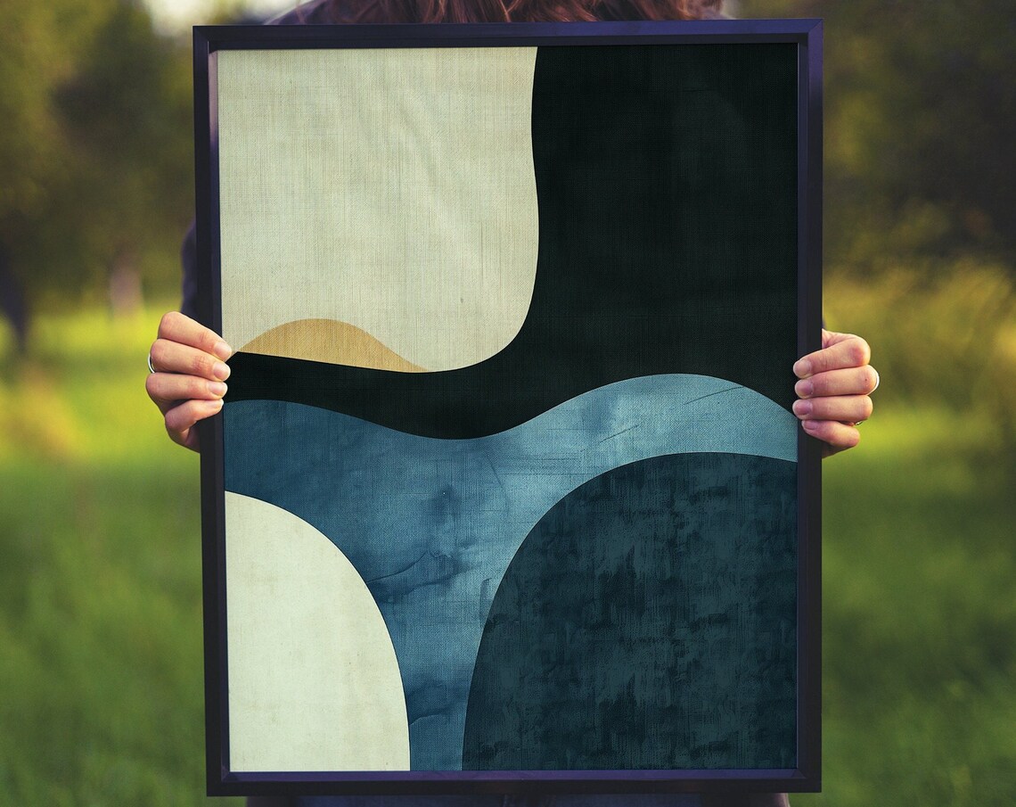 Navy Blue Cream Organic Waves Minimalist Abstract Art Poster