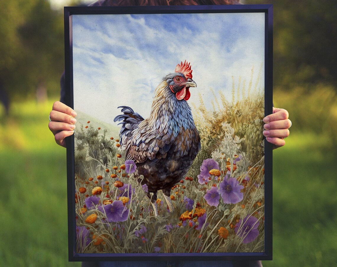Rooster in Wildflower Meadow Rustic Farm Bird Country Poster