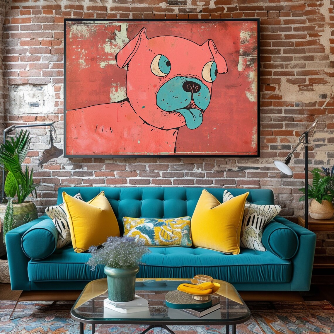 Pink Pop Art Pug Dog Portrait Grunge Style Funny Animal Wall Poster