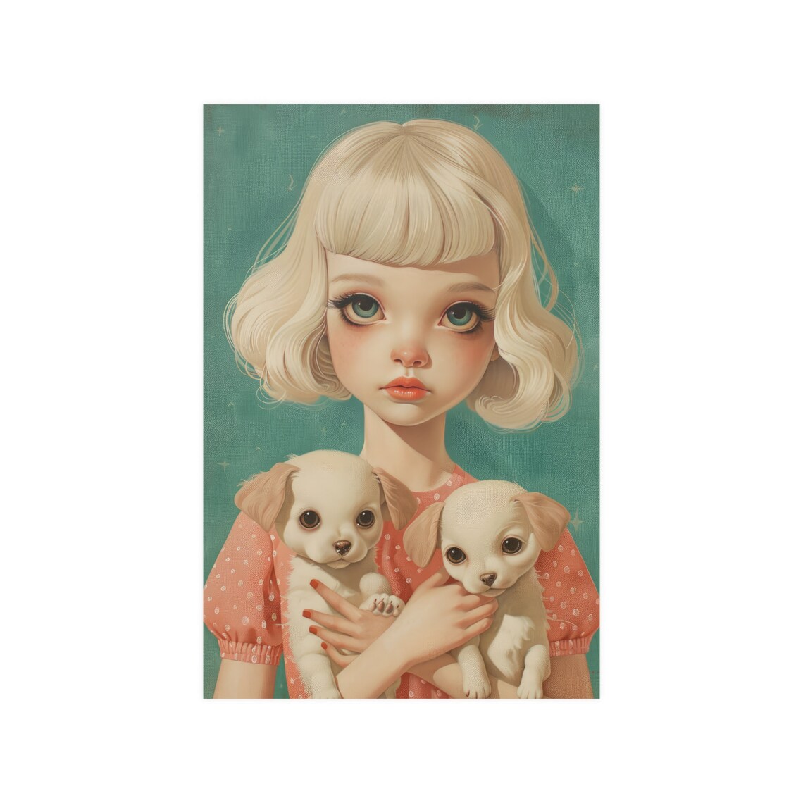 Cute Girl With Puppies Illustration Girl Wall Art Dogs Print Puppies Wall Art Poster - Image 2