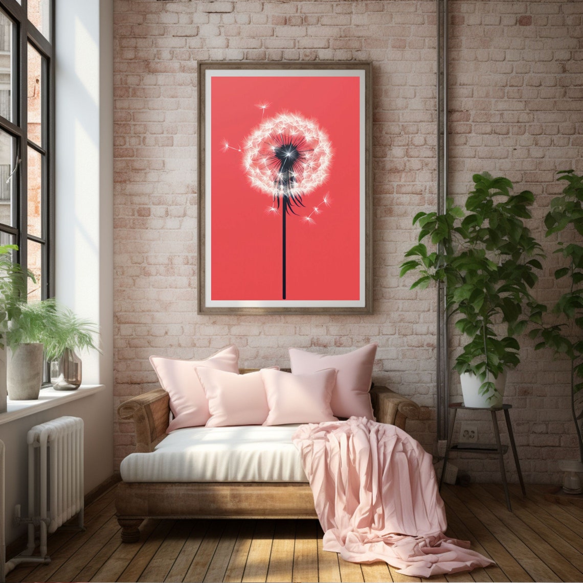 Single Dandelion Seed Head on Coral Red Minimalist Botanical Poster