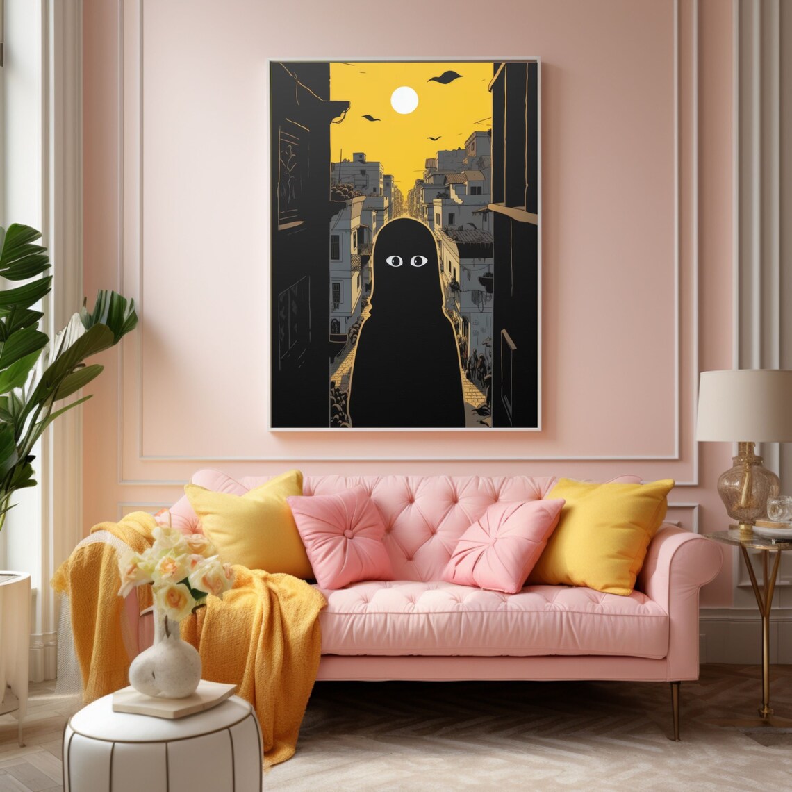 Black Hooded Figure on a Sunlit Comic City Street Art Poster