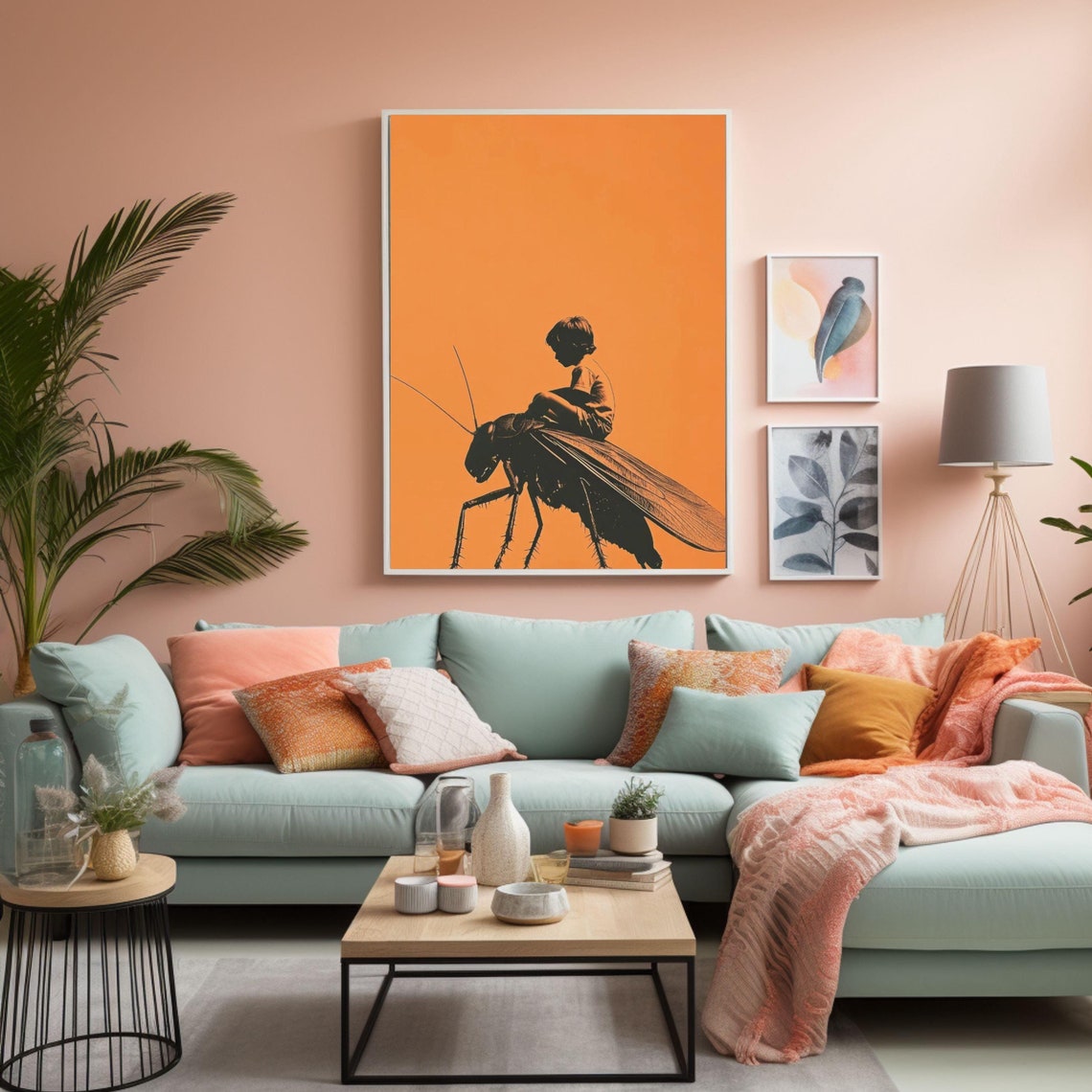 Boy Riding a Giant Bug Surreal Orange Sky Fantasy Art Poster
