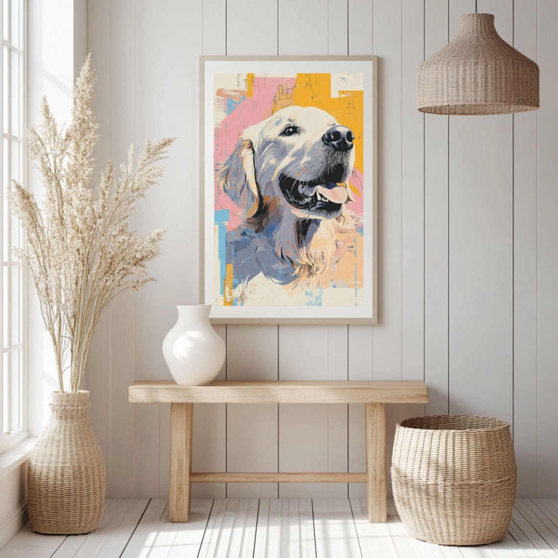 Colorful Golden Retriever Pop Art Dog Portrait on Pink Poster