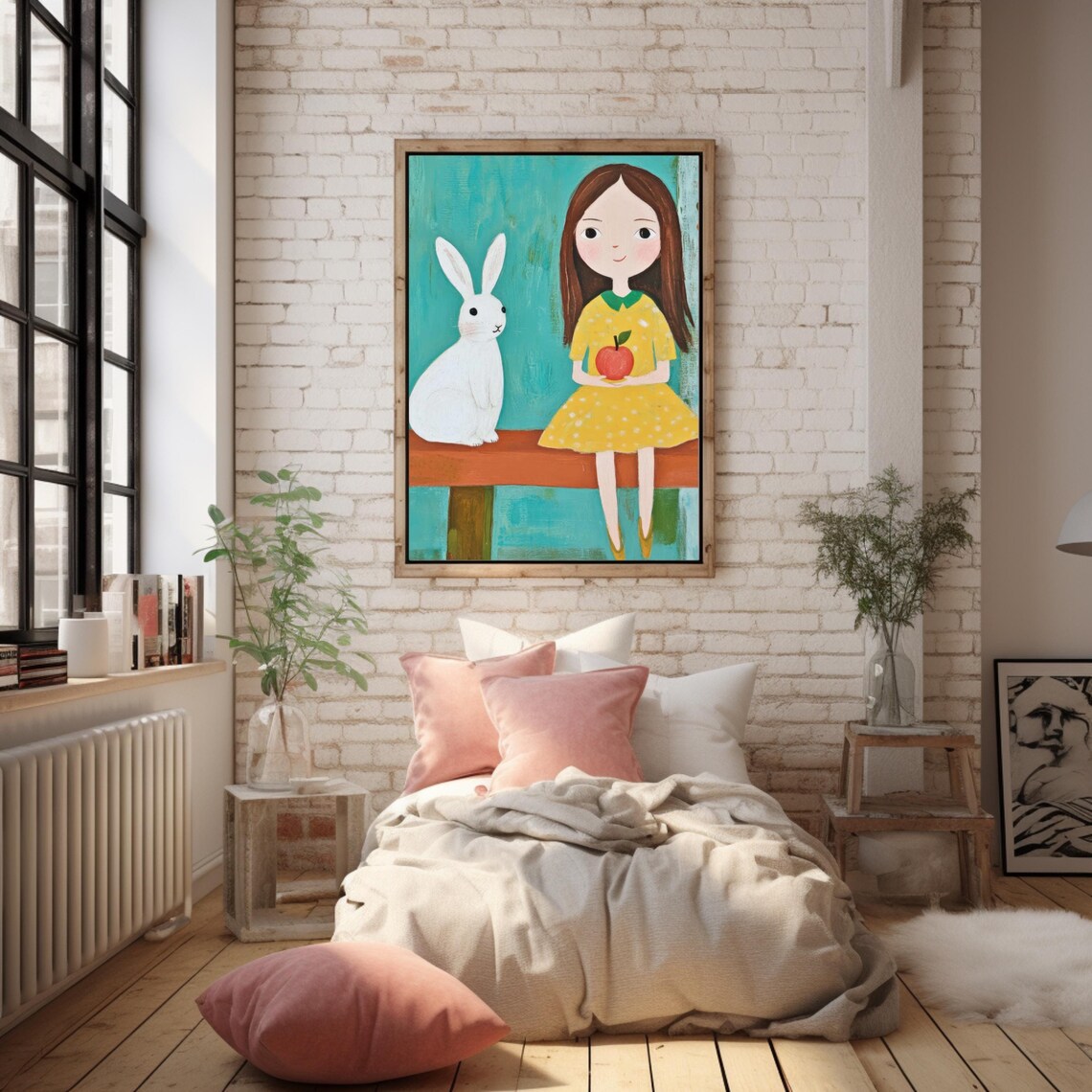 Girl In Yellow Dress With White Bunny Whimsical Kids Art Poster