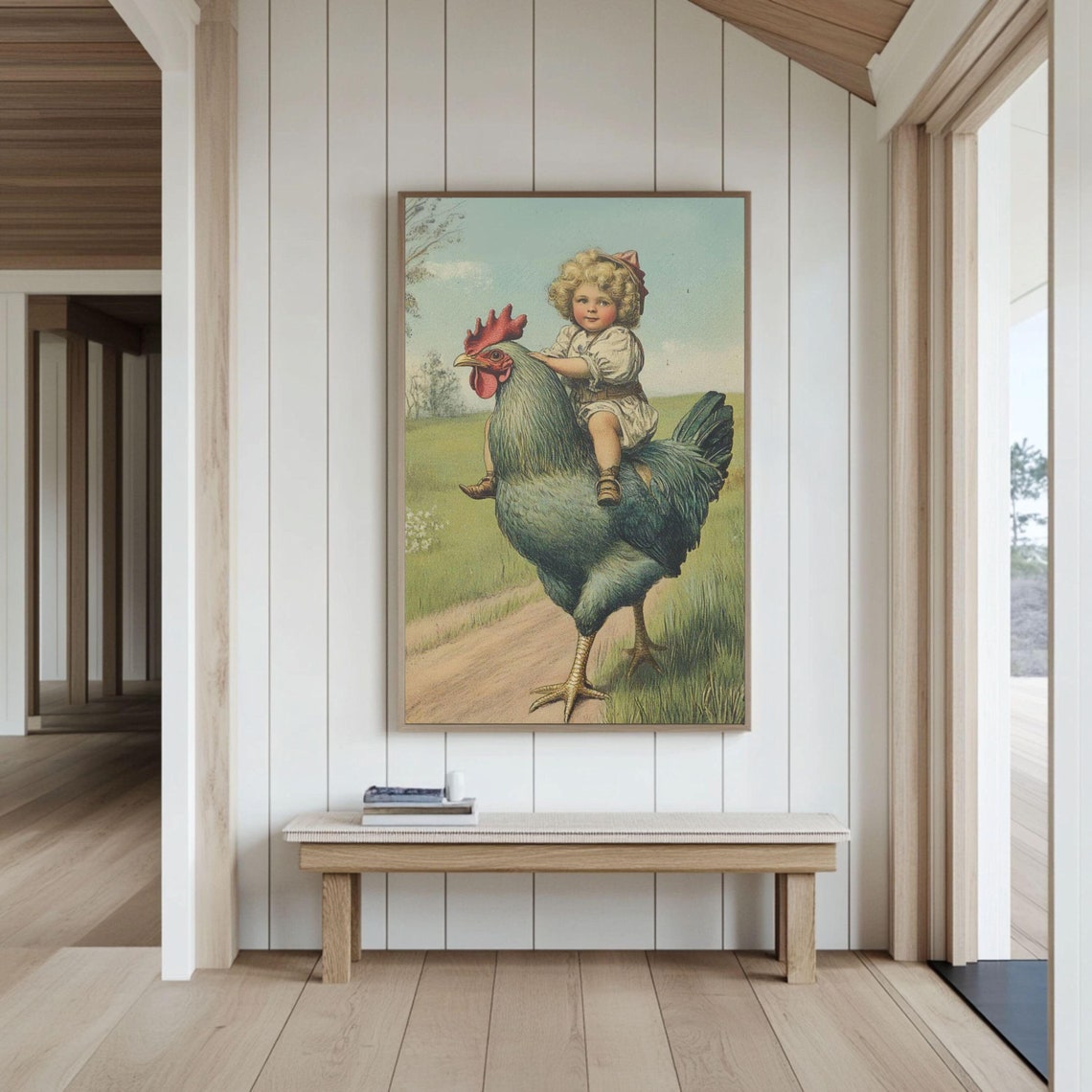 Victorian Child Riding A Giant Rooster Whimsical Farm Wall Poster
