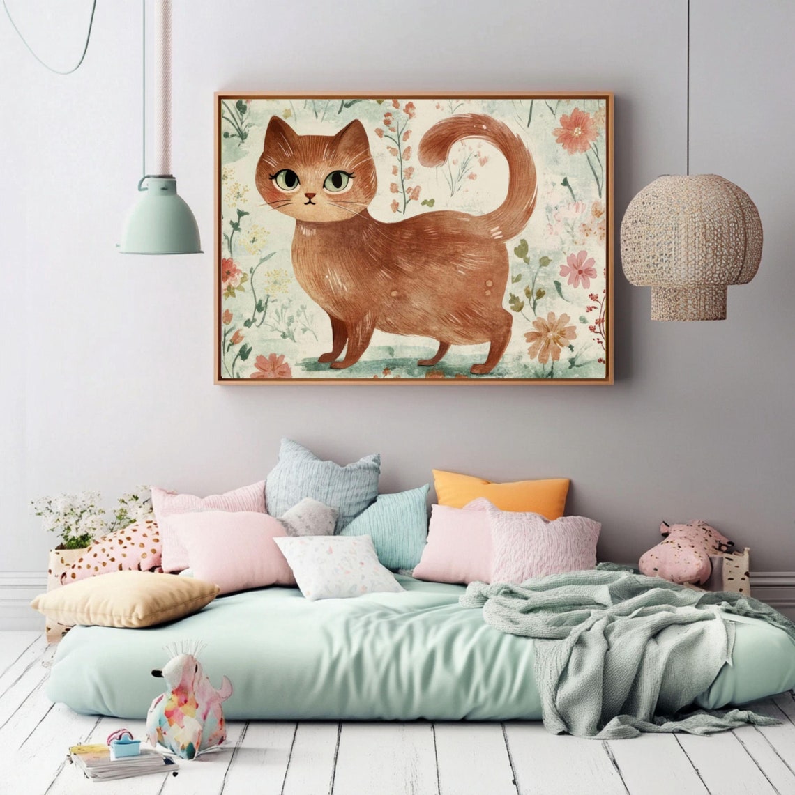Cute Brown Tabby Cat Among Wildflowers Watercolor Nursery Poster