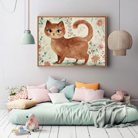 Cute Brown Tabby Cat Among Wildflowers Watercolor Nursery Poster