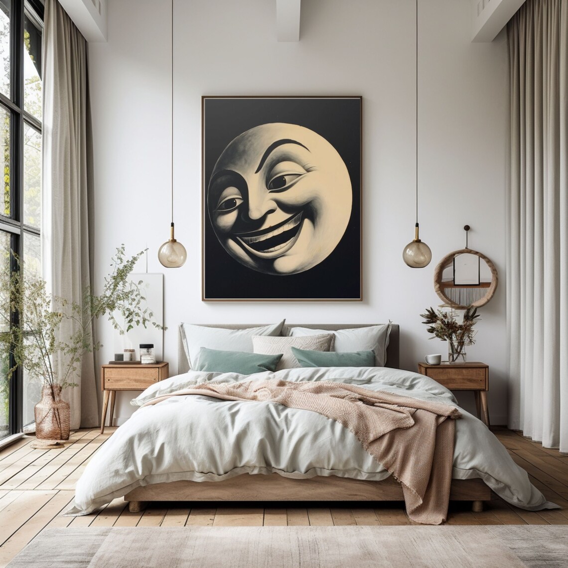 Laughing Full Moon Retro Vintage Moon Art Print