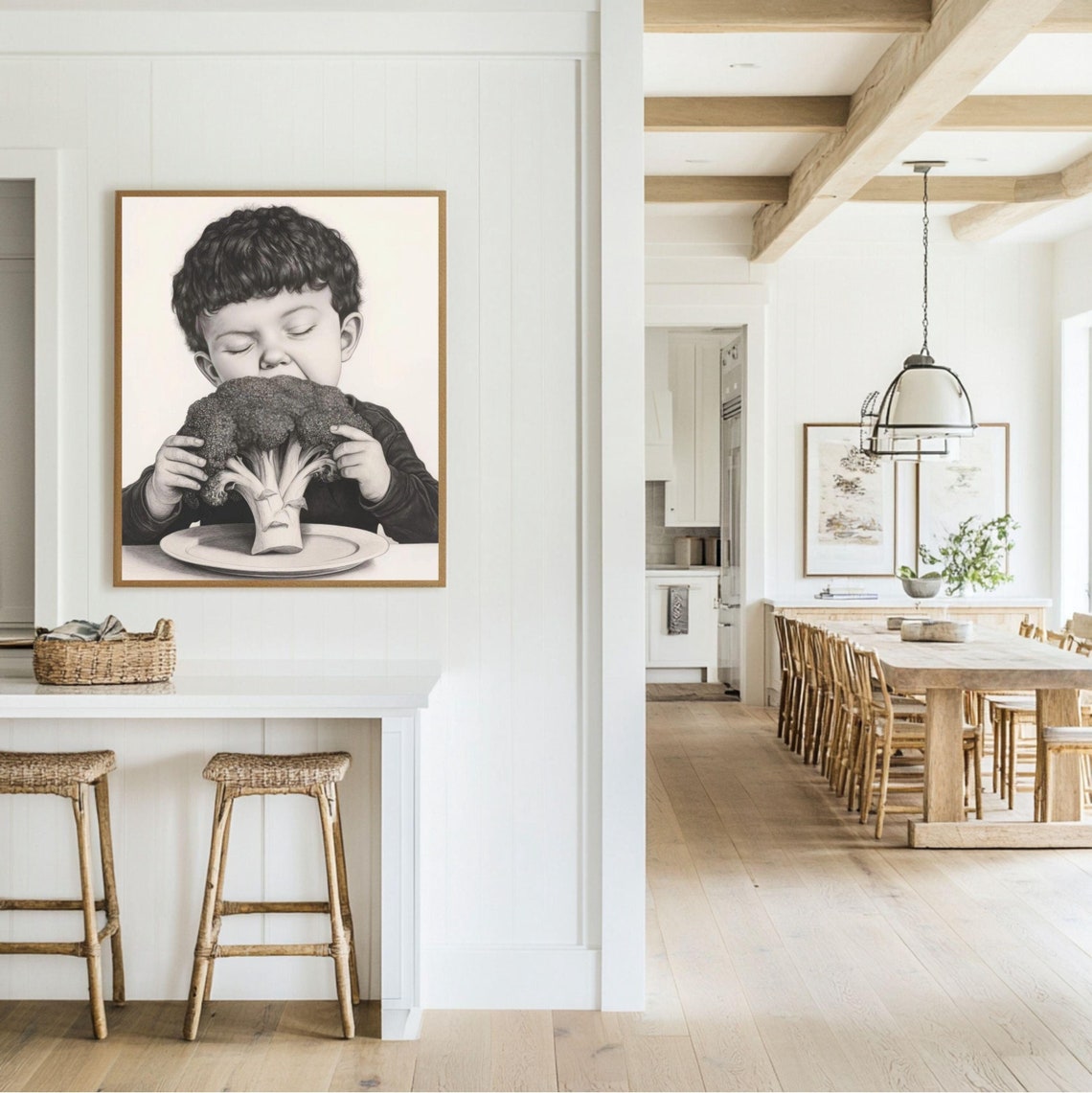 Little Boy Taking a Big Bite of a Giant Broccoli Pencil Drawing Poster