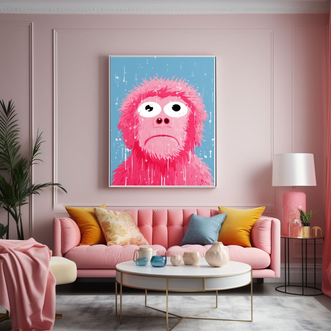 Sad Pink Monkey In The Rain Poster Funny Pop Art Animal Decor Art