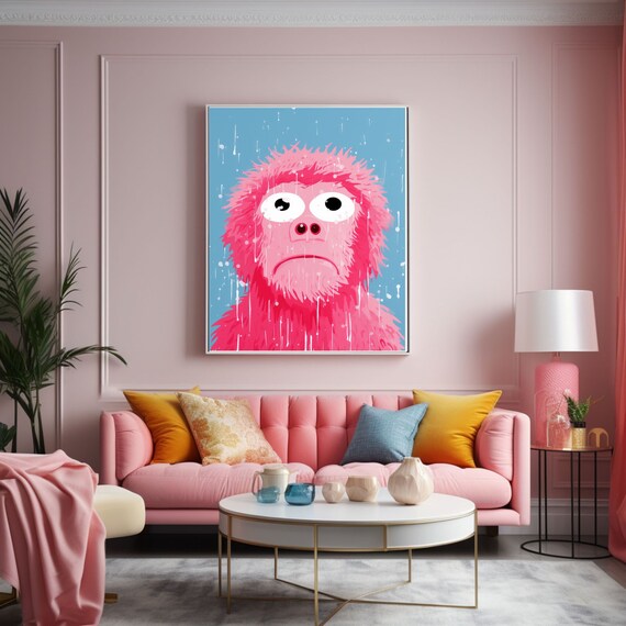 Sad Pink Monkey In The Rain Poster Funny Pop Art Animal Decor Art