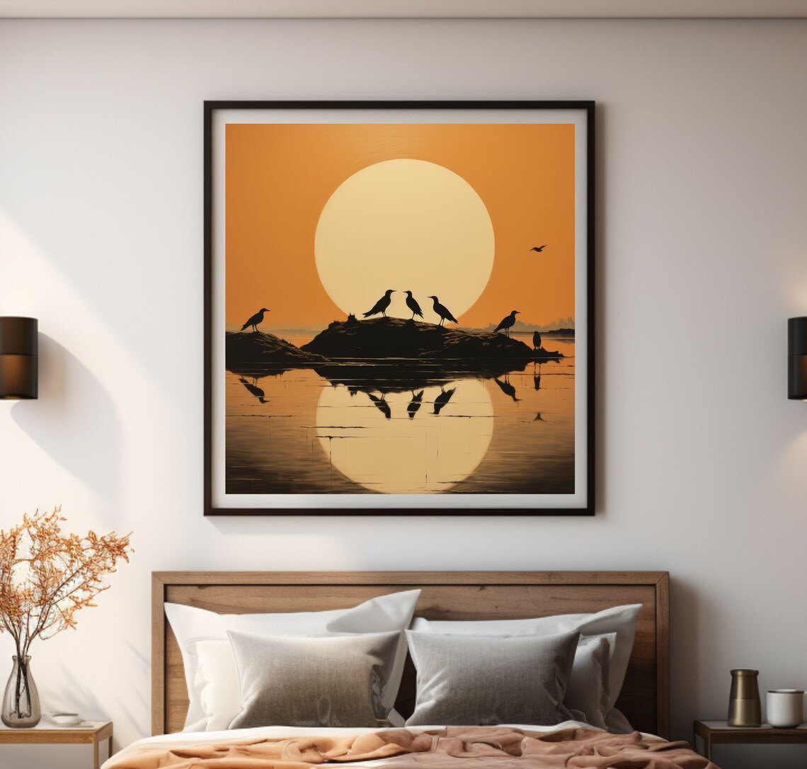 Birds Silhouetted on Rocks Against Giant Sunset Reflection Poster