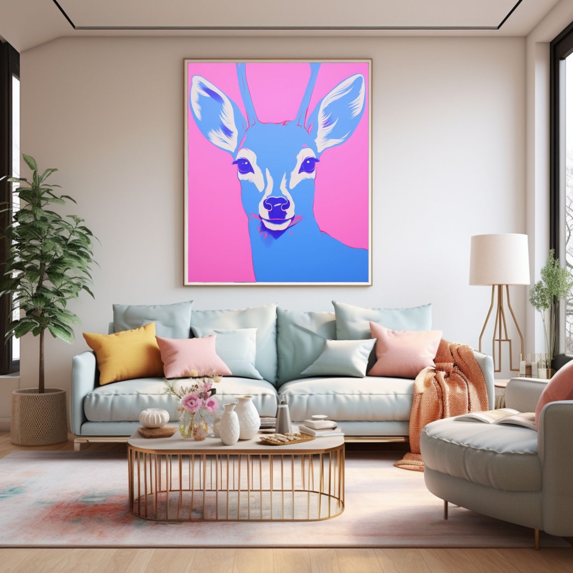 Pop Art Blue Deer Head Glowing on a Hot Pink Background Poster
