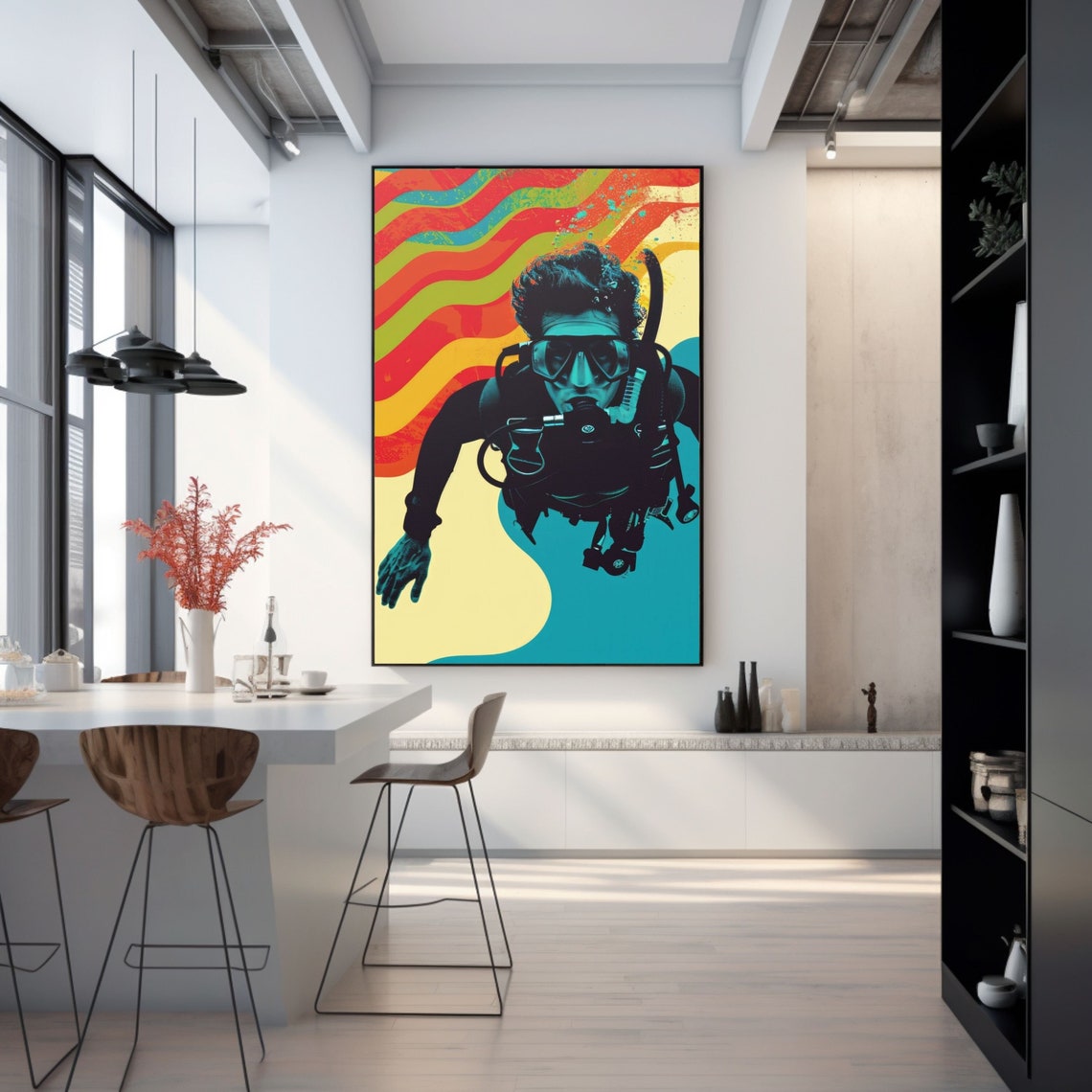 Retro Scuba Diver Over Warm Psychedelic Waves Pop Art Poster